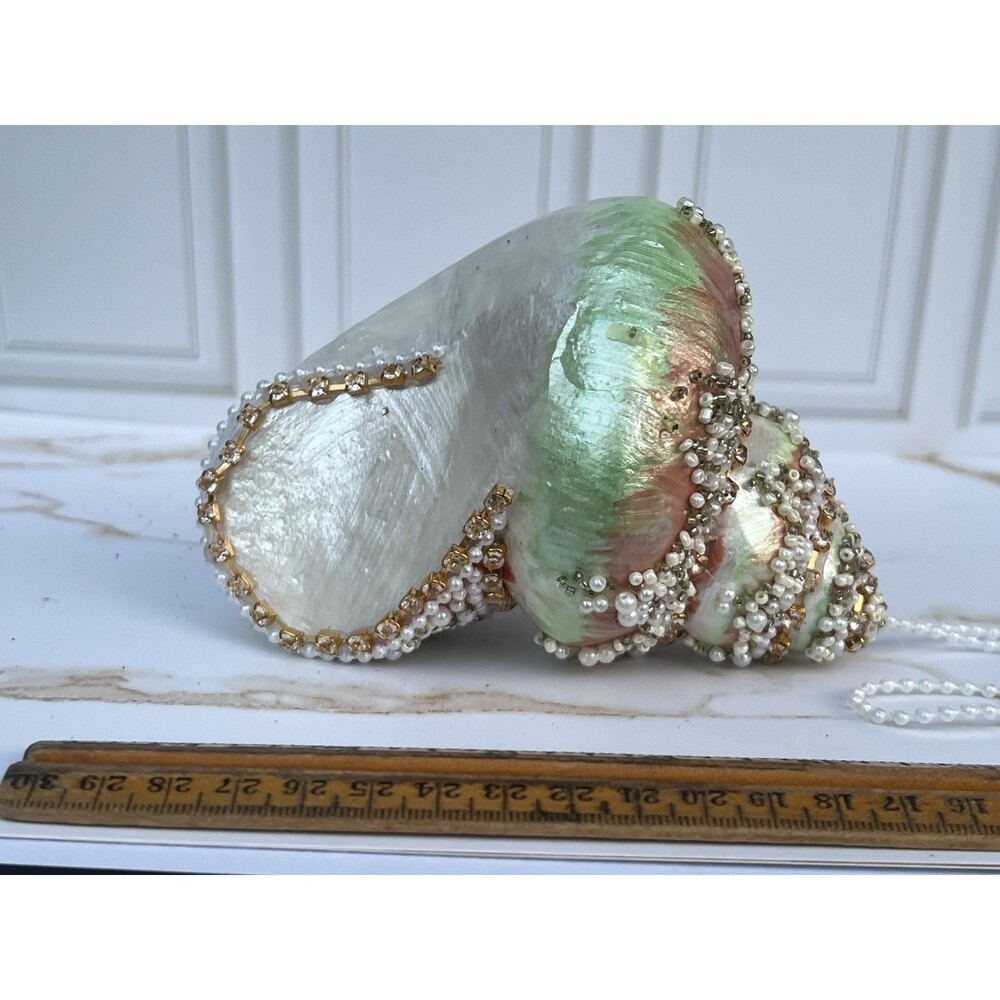Large Jeweled Seashell Christmas Ornaments Pearl Beaded Rhinestone Coastal Pair - Picture 4 of 16